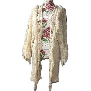Jessica Simpson Women XS Ivory Oversized Fringed Duster Ribbed Knit Boho Work